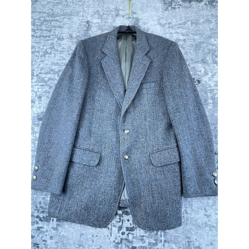Vtg Fashion Bar Harris Tweed Mens Blazer Blue Herringbone Wool Sport Coat USA